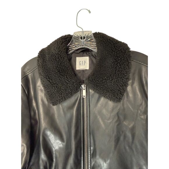 Gap Faux Leather Bomber Jacket Black Punk Emo Casual Sherpa Collar Small - Picture 3 of 12